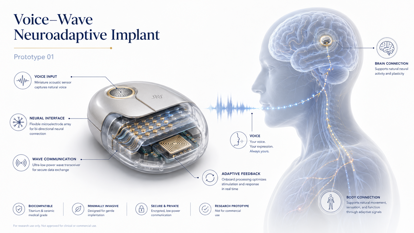 First concept prototype of the Voice–Wave Neuroadaptive Implant